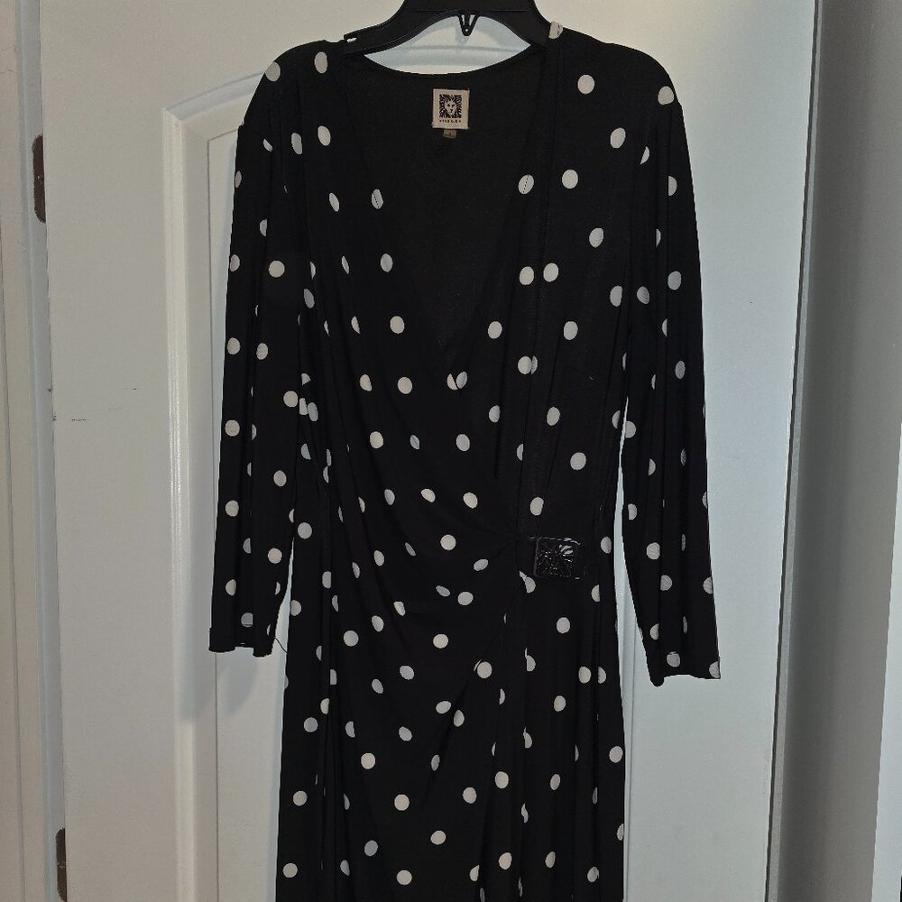 NWT Anne Klein Black Dress with White Polka Dots Women’s Medium Wrap Stretchy